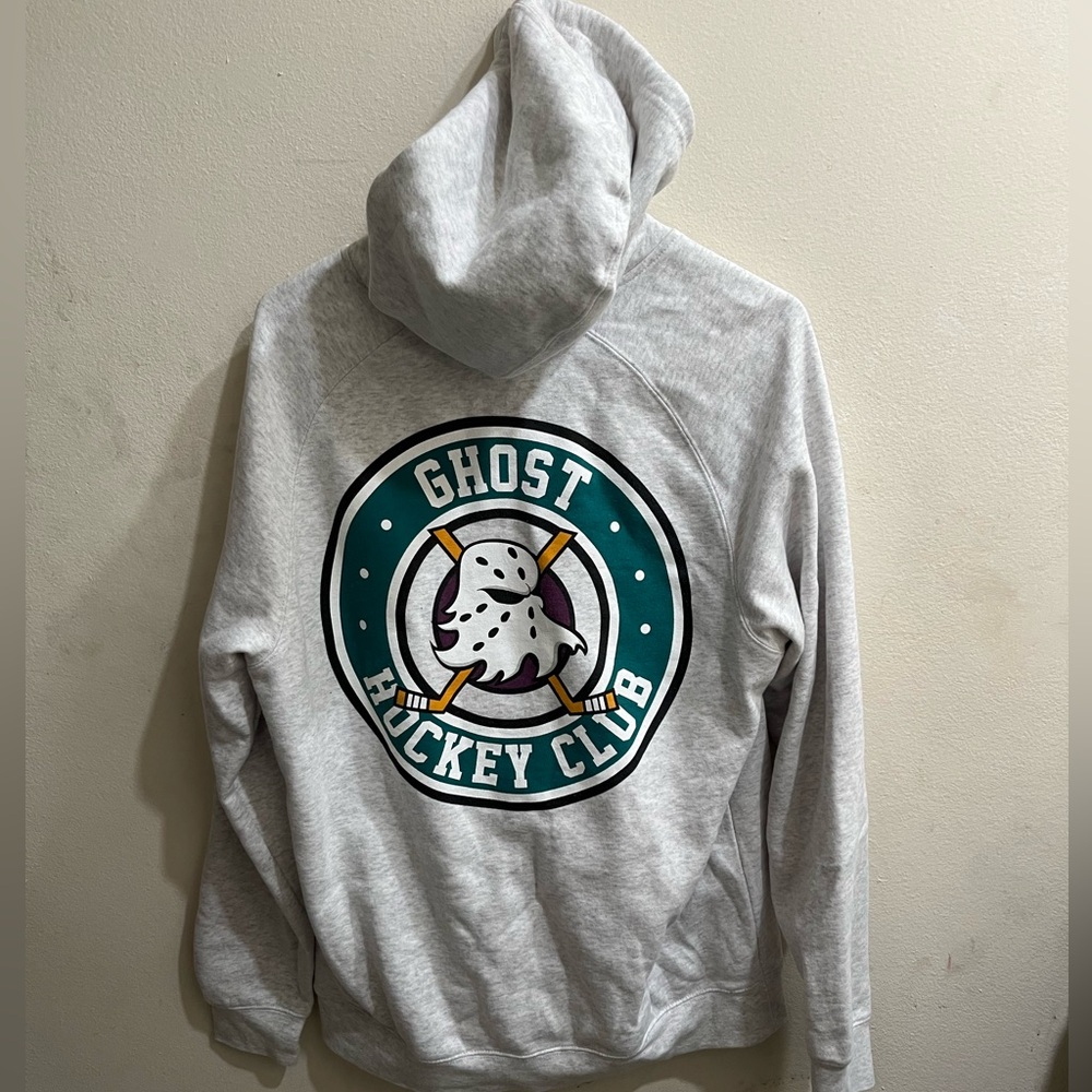 Ghost Hockey Club Graphic Hoodie Light Gray Size M Relaxed Fit Fleece Pullover